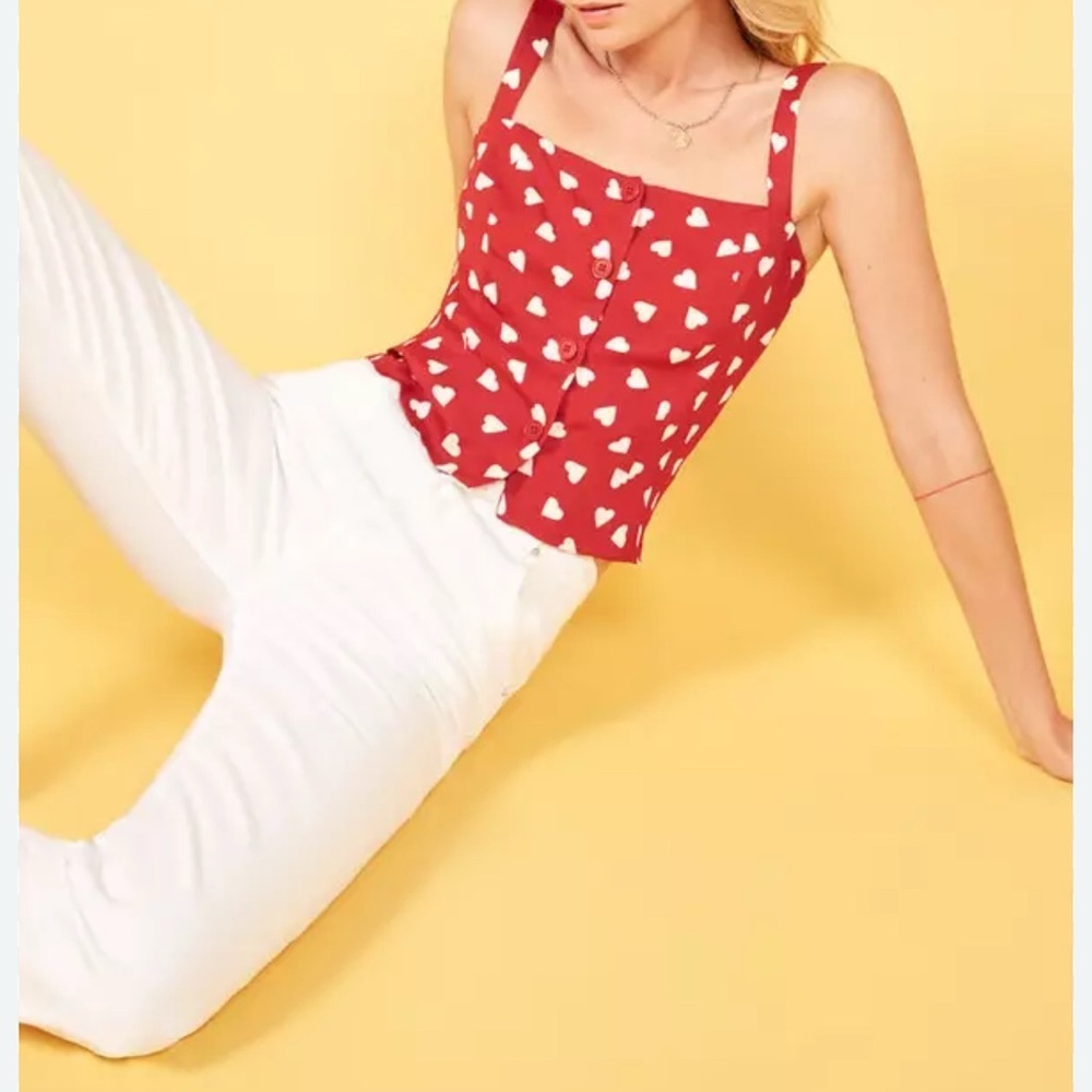 Reformation Red Heart-Print Square-Neck Tank